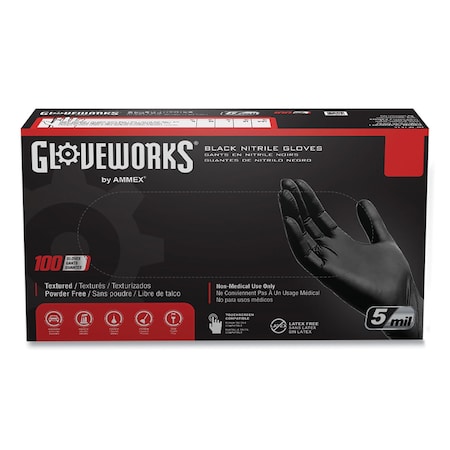 Gloveworks By Ammex Disposable Gloves, 5 mil Palm, Nitrile, Powder-Free, XL, 1000 PK, Black GPNB48100